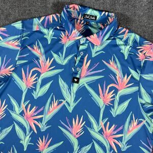 Bad Birdie Golf Polo Mens XL Blue Bird of Paradise Floral Tropical Stretch Shirt